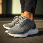 Close-up of a person wearing gray athletic sneakers with white soles, standing on a textured surface. Featuring knit uppers and laces, the sneakers mimic barefoot shoes, offering the freedom and flexibility often emphasized in the science behind barefoot shoes. Dark pants complete the look.