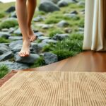 Bare feet are stepping from a smooth wooden floor onto a grassy, rocky outdoor area. A textured carpet lies on the floor, and large rocks are visible in the background. The scene suggests a transition from indoors to nature.