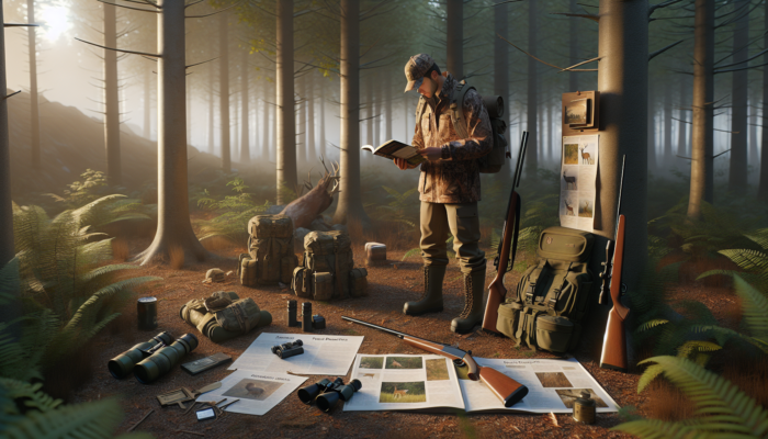 Beginner hunter in forest at dawn, studying guidebook, surrounded by rifle, camouflage, binoculars.