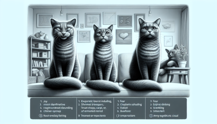 A cat displaying various body language signals, including a high, quivering tail indicating joy, a puffed-up tail showing fear, and upright ears with slow-blinking eyes expressing trust and affection in a cozy home.