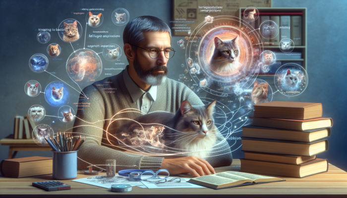 Jackson Galaxy studying a cat's behavior in a serene space, flanked by books and diagrams on feline psychology.