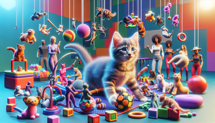 A playful kitten confidently interacting with various toys, people, and pets in a lively environment.