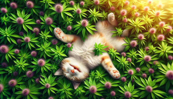 A happy cat rolling in a vibrant field of catnip grass with lush green leaves and petite purple flowers.
