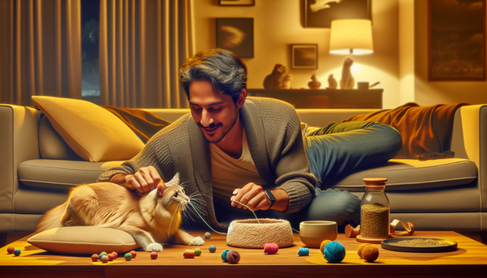 A person and cat enjoying playtime with catnip toys in a cozy living room, enhancing their bond.