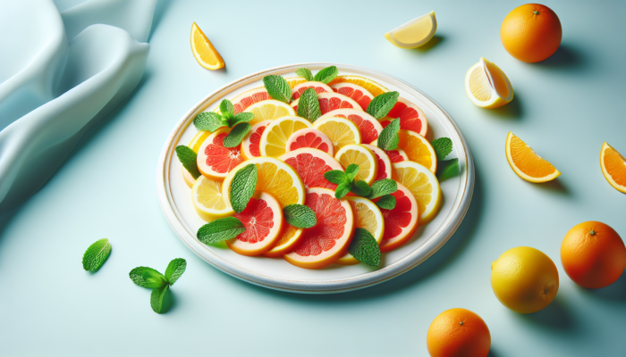 Refreshing citrus salad with oranges, lemons, grapefruits, and mint on a white plate, set against a pastel blue background.