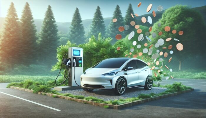 A modern electric car at a charging station amidst greenery, highlighting cost-effective benefits.