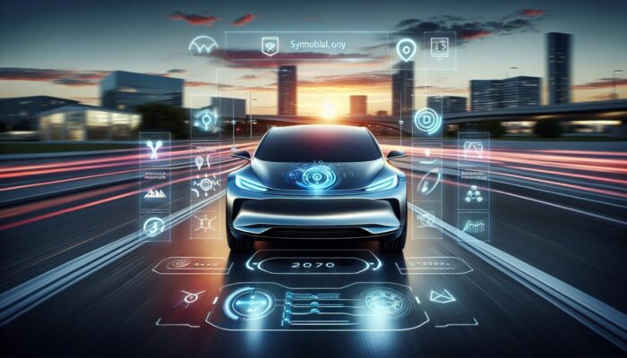 A sleek electric car featuring a futuristic dashboard, smoothly driving through a city at dusk.