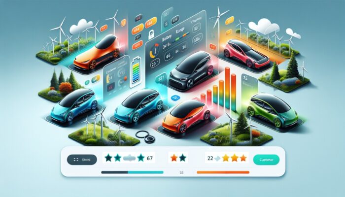 A modern website showcasing electric cars with details on battery range, charging options, and customer ratings.