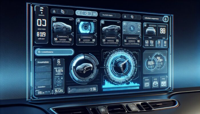Futuristic dashboard showing car rental price comparisons with detailed cost breakdowns on a transparent interface.