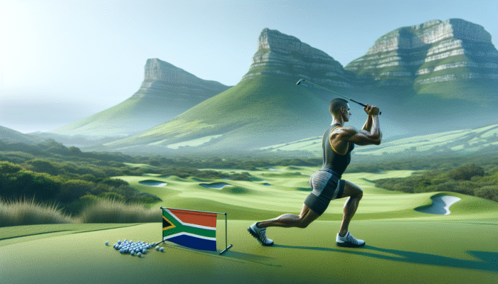 South African golfer performing tailored exercises on a scenic golf course, enhancing strength, flexibility, and mental resilience.