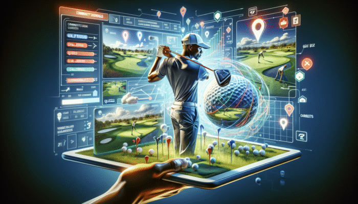 A South African golfer utilizing a tablet with an interactive golf app, featuring engaging challenges and community leaderboards.