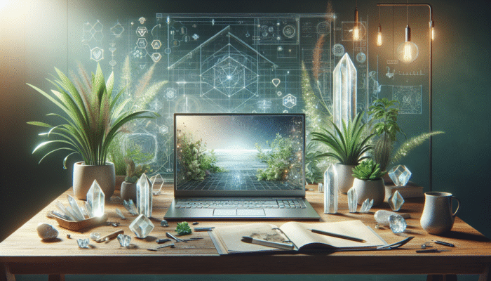 A laptop displaying SEO analytics on a desk adorned with plants, crystals, and a vision board.