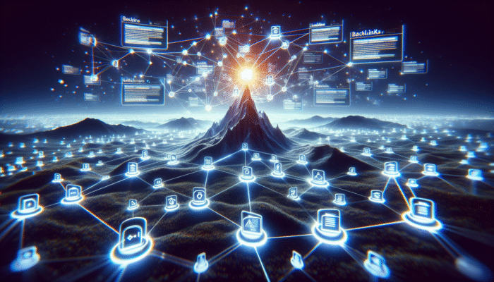 A digital landscape illustrating glowing backlinks enhancing a central node's authority, symbolizing effective SEO strategies.