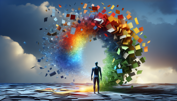 A serene person consolidating colorful debt documents into a single, glowing folder under a hopeful sky.