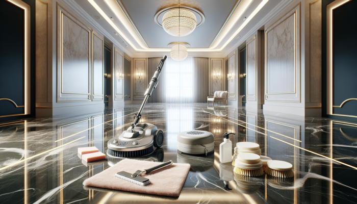 Soft microfiber cloth, non-abrasive pads, and delicate mop cleaning marble floor, with soft-bristle brush and marble polish machine nearby in an elegant room.
