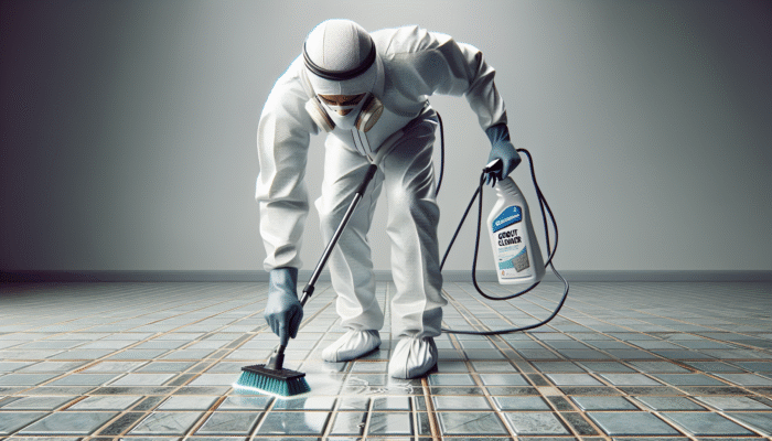Individual in protective gear applying grout cleaner and scrubbing with a stiff-bristled brush on tiled floor.