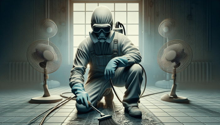 Individual cleaning grout while wearing safety gear in a well-ventilated room.