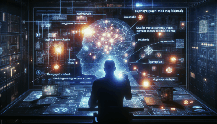 A person analyzing a glowing mind map on a digital screen, surrounded by video thumbnails in a futuristic room.