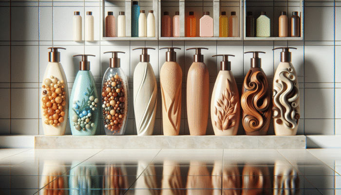 Questions to Ask Your Hair Stylist: Bottles of shampoo for oily, dry, curly hair with natural oils and extracts on a shelf in a bathroom.