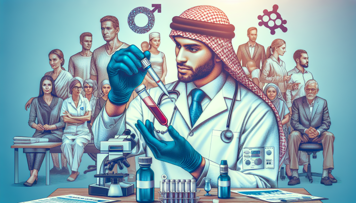 A bustling Bicester clinic with clear pricing, diverse patients, and a lab technician analyzing a male hormone blood test.