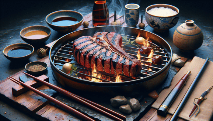 Flank steak marinated in Yamasa soy sauce, grilled, enhancing natural flavors with umami, on a Japanese BBQ.