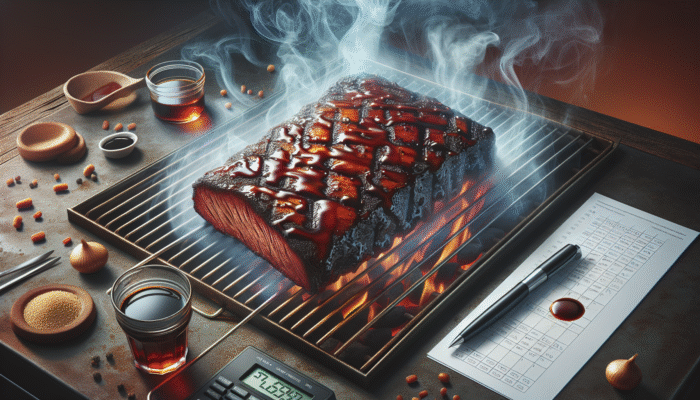 Glistening caramel-colored brisket glazed with dark soy sauce on a rustic BBQ grill, surrounded by steam.