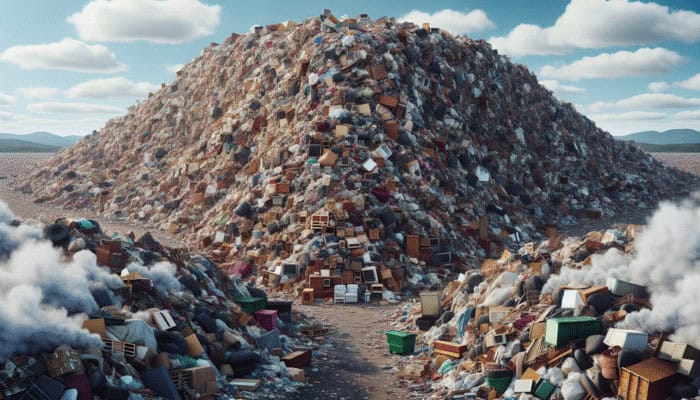 Millions of discarded furniture pieces in a UK landfill, showcasing the environmental crisis and pressing need for sustainable disposal.
