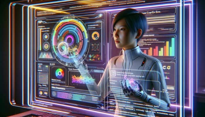 A webmaster monitoring Google Search Console data displayed on a futuristic holographic screen.