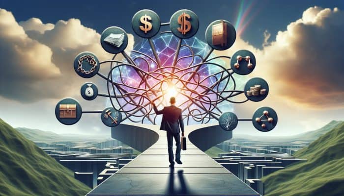 A person confidently navigating a clear path through a complex financial landscape with labeled signposts under a bright sky.