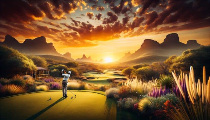 A golfer teeing off at Gary Player Country Club, Sun City, surrounded by stunning bushveld scenery and sunset.