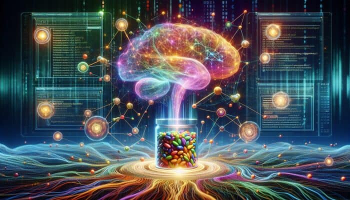 A luminous neural network processing data into personalized supplement bottles, highlighting plant-based protein options.