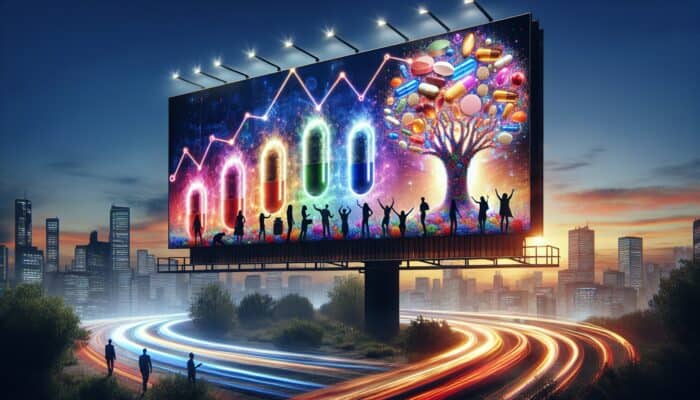 A digital billboard displaying personalized supplement advertisements, graphs indicating rising conversion rates, and satisfied customers with products, set against a modern cityscape at dusk.
