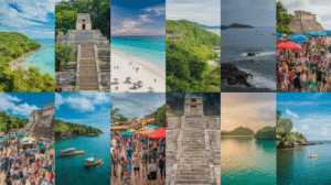 A captivating collage of 12 images showcasing beautiful beaches, ancient stone ruins, lush green landscapes, ocean views, bustling festivals with market stalls, boats on tranquil waters, and people enjoying sandy shores under varying weather conditions—perfect for a Belize travel guide.