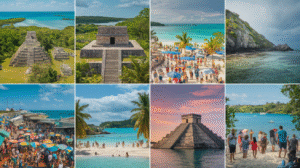 A captivating collage of eight images illustrating ancient Mayan ruins, crowded beaches, clear turquoise water, a lively marketplace with colorful umbrellas, enthusiastic tourists, and stunning tropical landscapes under Belize’s sunny and partly cloudy skies.