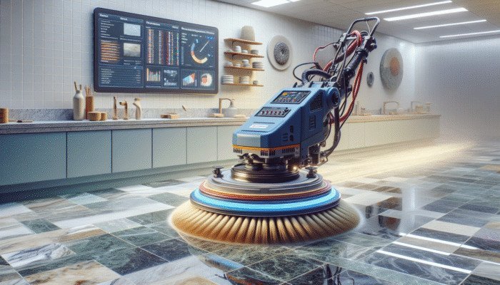High-speed polisher revitalizing a dull marble floor, with granite countertops in the background.