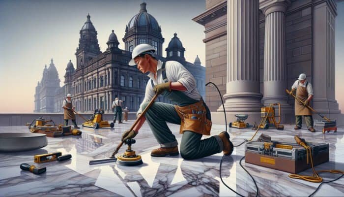 Expert worker honing marble floors in Dundee, achieving a glossy finish amidst historic Scottish architecture.
