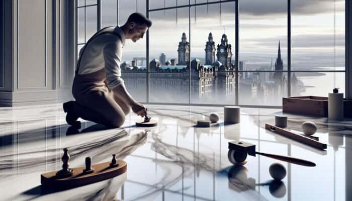 A skilled craftsman in Dundee honing marble floors to a glossy finish, skyline visible.