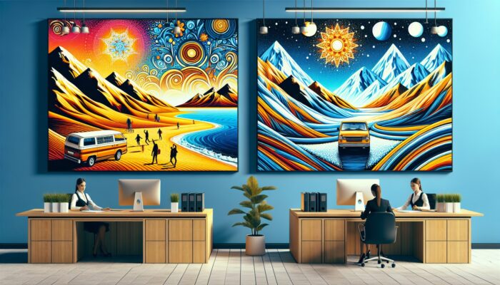 A car rental office adorned with vibrant posters advertising summer beach and winter mountain scenes, highlighting seasonal discount offers.