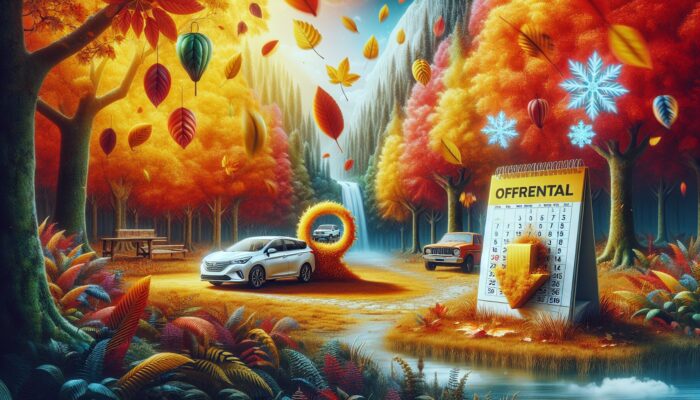 A picturesque autumn landscape featuring a car rental office, colorful falling leaves, and a calendar showcasing off-peak seasons.