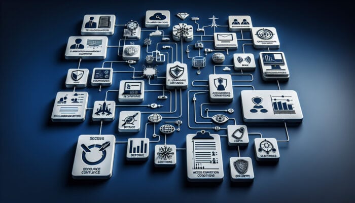 Infographic illustrating clearance levels in electronics, featuring icons representing defence, telecoms, and data centers, alongside a flowchart detailing access conditions and security protocols.