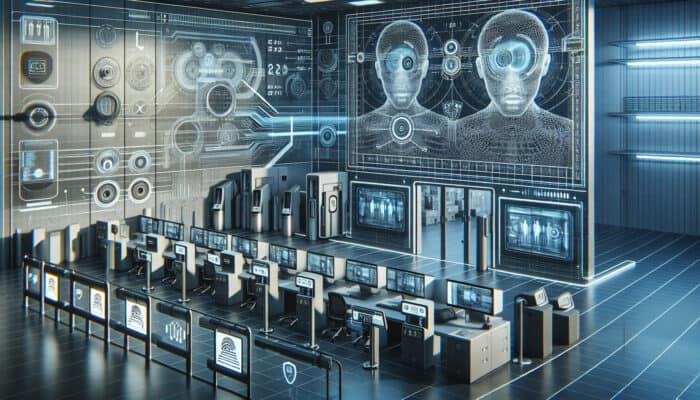 A high-security electronics lab equipped with biometric scanners, surveillance cameras, and physical barriers to control access.