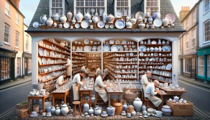 A charming East Calder porcelain repair shop featuring artisans restoring ceramics, providing personalized consultations.