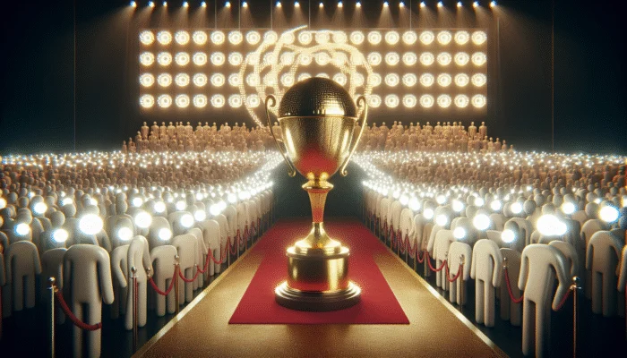 A golden trophy on a red carpet surrounded by cameras and crowd, with a brand logo banner in the background.