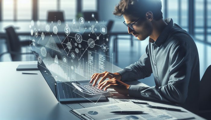 Free Tools to Track Your Debt Consolidation Progress | DCL Individual using a laptop calculator, reviewing debt repayment graphs and charts in a contemporary office.