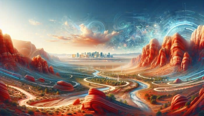 A vibrant Red Rock Canyon landscape showcasing red rock formations, trails, and the distant Las Vegas Strip skyline.
