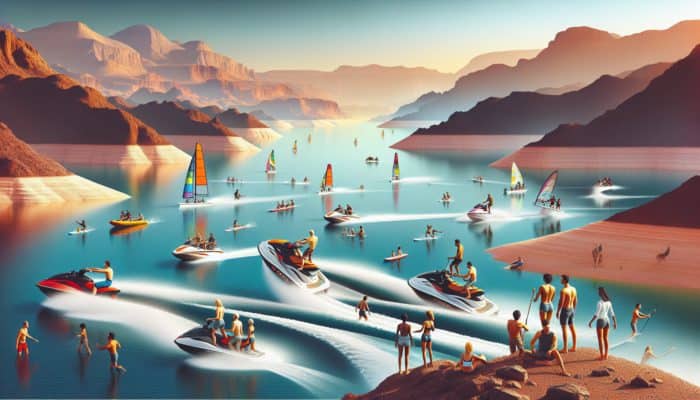 People enjoying jet skiing and paddleboarding at Lake Mead with a backdrop of desert and clear blue skies.
