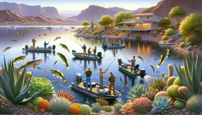 Anglers fishing at Lake Mead at dawn from boats and shore, targeting bass, trout, and catfish.