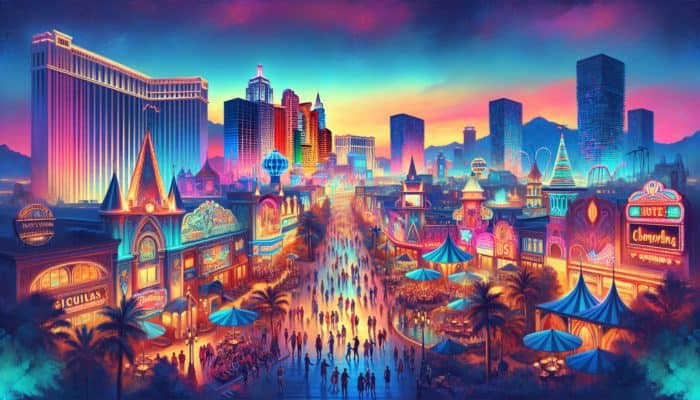 Budget-friendly Las Vegas Strip hotels like Excalibur and Circus Circus at dusk, with neon lights.