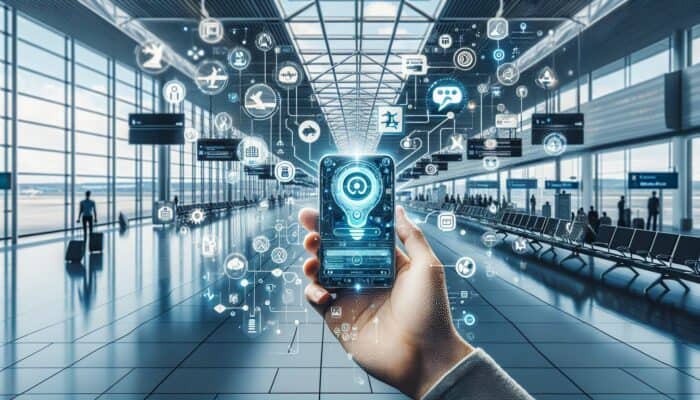 AI Chatbots Transforming Customer Service: A futuristic AI chatbot on smartphone providing instant travel updates and options to a traveler at the airport.
