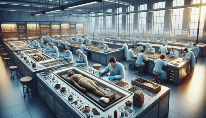 A visual representation of an ancient artifact undergoing restoration in a modern lab by conservators with advanced tools.